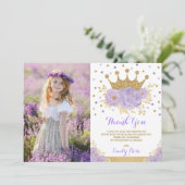 パープルガーリー金ゴールドプリンセスクラウン誕生日写真 サンキューカード (スタンド正面)