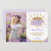 パープルガーリー金ゴールドプリンセスクラウン誕生日写真 サンキューカード (正面/裏面)