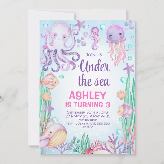 パープルガールズアンダーザシータコ誕生日 招待状 (正面)