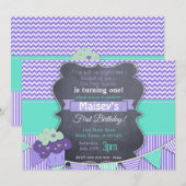 パープルガールズカップケーキブラックボード1歳誕生日 招待状 (正面/裏面)