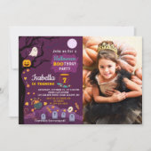 パープルガールズハロウィーン誕生日パーティー写真 招待状 (正面)