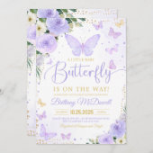 パープルガールバタフライテーマベビーシャワー 招待状 (正面/裏面)