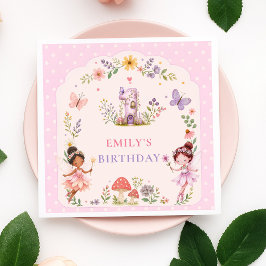 パープルガールフェアリーガーデン1歳の誕生日パーティー スタンダードカクテルナプキン