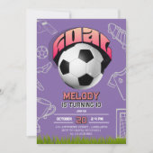 パープルガール サッカー ボール 誕生日パーティー 招待状 (正面)