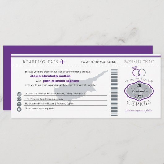 パープルキプロス搭乗券結婚式招待状 招待状 (正面/裏面)