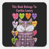 パープルキャットグリーンアイズキャンディハート付きことわざ スクエアシール (正面)