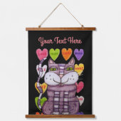 パープルキャットストライプのバレンタインキャンディハートブラック 吊り下げ型タペストリー (正面)