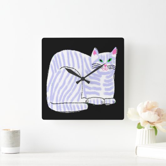 パープルキャットストライプの抽象芸術アート スクエア壁時計 (ホーム)
