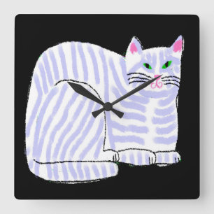 パープルキャットストライプの抽象芸術アート スクエア壁時計