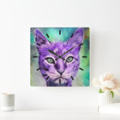 パープルキャット顔 スクエア壁時計 (ホーム)