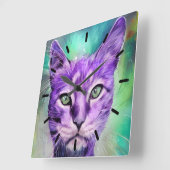 パープルキャット顔 スクエア壁時計 (傾斜)