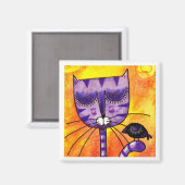 パープルキャット&カラス – 四角マグネット マグネット (正面/裏面)