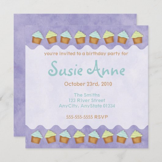 パープルキュートカップケーキ招待状 招待状 (正面/裏面)