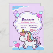 パープルキュートユニコーン誕生日招待状 招待状 (正面/裏面)