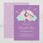パープルキュートレインボーユニコーンパーソナライズされた誕生日 招待状 (正面/裏面)