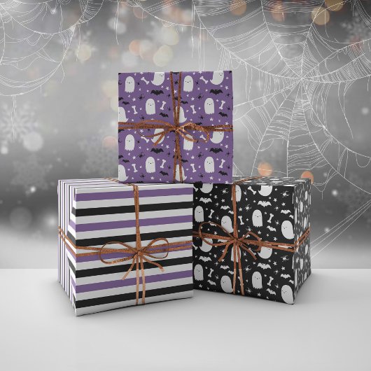 パープルキュート幽霊&こうもりオレンジハロウィーン ラッピングペーパーシート