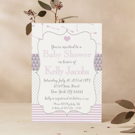 パープルキルテッドハートアローズ赤ちゃんシャワー招待状 招待状