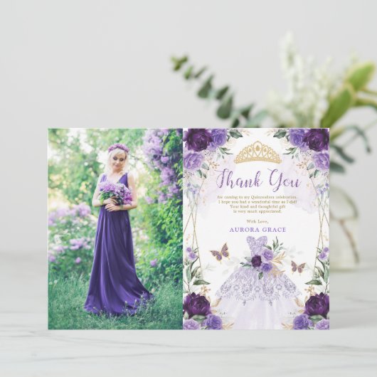 パープルキンセアニラプリンセスドレスサンキューカード 招待状 (スタンド正面)