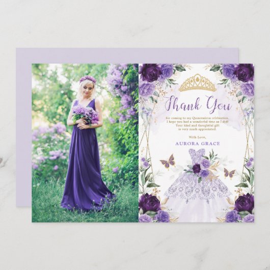 パープルキンセアニラプリンセスドレスサンキューカード 招待状 (正面/裏面)