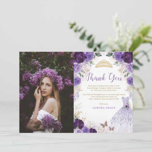 パープルキンセアニラプリンセスドレスサンキューカード 招待状 (スタンド正面)