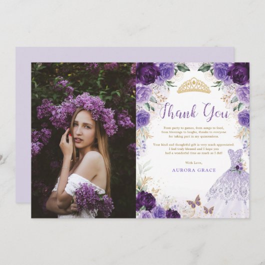 パープルキンセアニラプリンセスドレスサンキューカード 招待状 (正面/裏面)