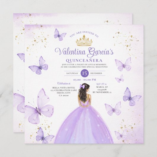 パープルキンセアニラ15アノスバタフライ金ゴールドグリッター 招待状 (正面/裏面)
