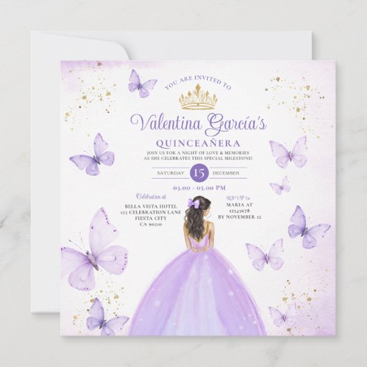 パープルキンセアニラ15アノスバタフライ金ゴールドグリッター 招待状 (正面)