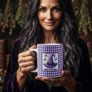 パープルギンガムのハロウィン魔女の帽子とコウモリ コーヒーマグカップ