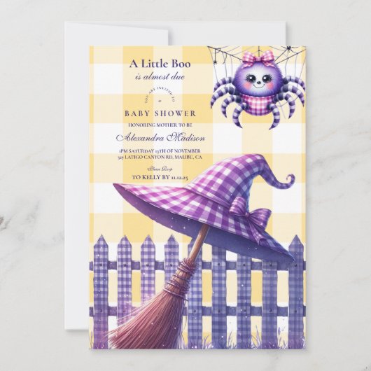 パープルギンガムハロウィーンベビーシャワー 招待状 (正面)