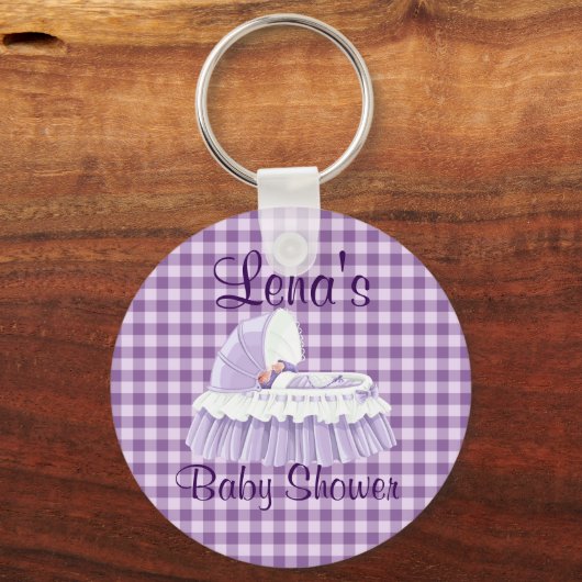 パープルギンガムヴィンテージ赤ちゃんラッフルバシネットキーチェーン キーホルダー (正面)