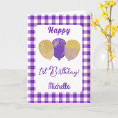 パープルギンガム&グリッターバルーン1st誕生日 カード (黄色い花)