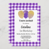 パープルギンガム、パーティーバルーン1st誕生日 招待状 (正面/裏面)