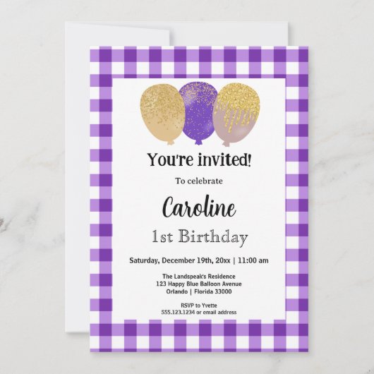 パープルギンガム　パーティーバルーン　1歳の誕生日 招待状 (正面)