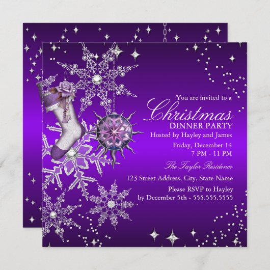 パープルクリスタルスノーフレーククリスマスディナーパーティー3 招待状 (正面/裏面)