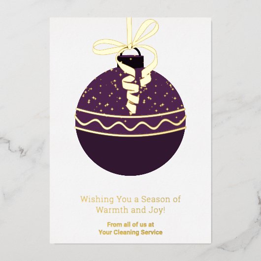 パープルクリスマスツリーオーナメントフォイルホリデーカード 箔招待状 (正面)