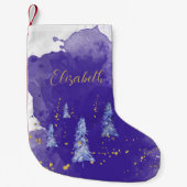 パープルクリスマスツリーゴールデンスノーフレーク スモールクリスマスストッキング (正面)
