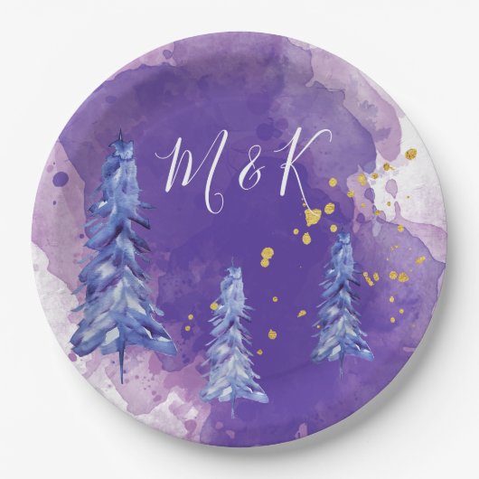 パープルクリスマスツリーゴールデンスノーフレーク ペーパープレート (正面)