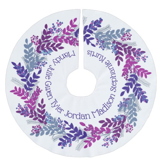 パープルクリスマスリース ファミリー ネーム ブラッシュドポリエステルツリースカート (正面)