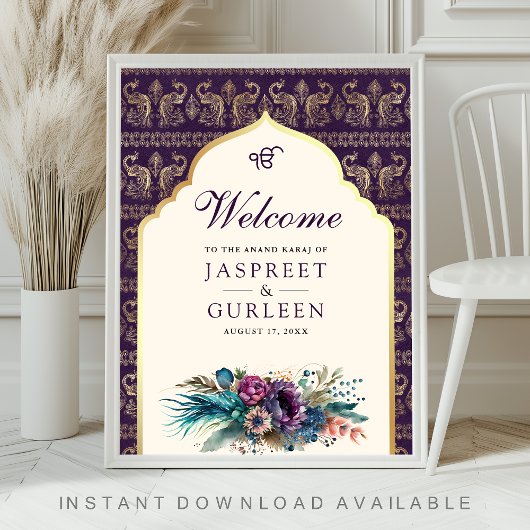 パープルクリームアナンド結婚カラジのウェルカムサイン ポスター