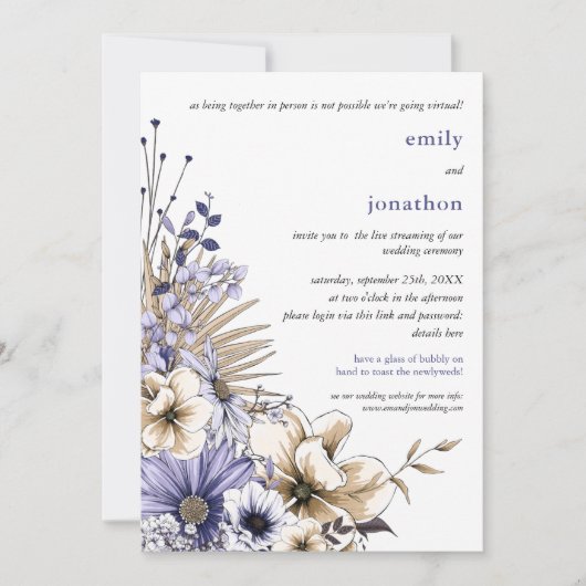 パープルクリームウォーター花模様結婚Virtual 招待状 (正面)
