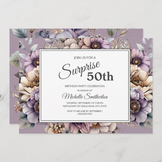 パープルクリームトープフローラ驚き50誕生日 招待状 (正面/裏面)