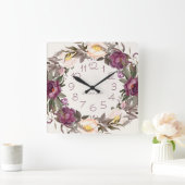 パープルクリームフローラリース名番号 スクエア壁時計 (ホーム)