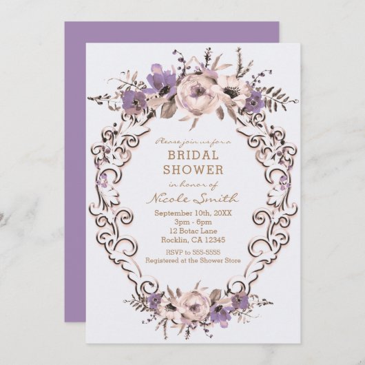 パープルクリームボタニカルフローラブライダルシャワー 招待状 (正面/裏面)