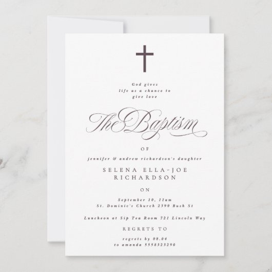 パープルクロスカリグラフィトウペバプテスマ招待状 招待状 (正面)