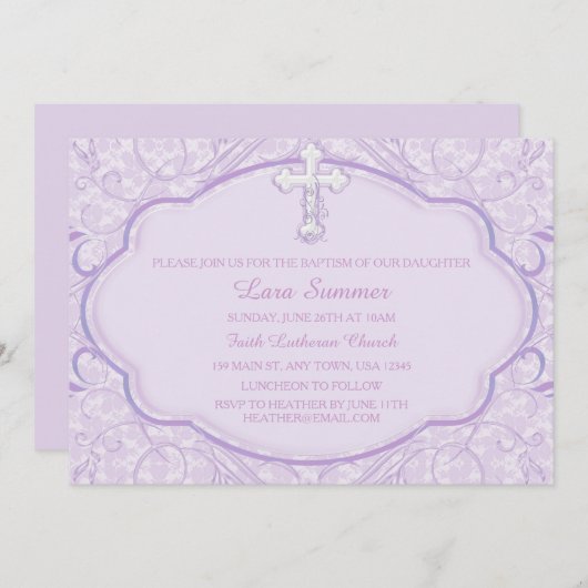 パープルクロスバプテスマ《キリスト教》洗礼式や命名式招待状 招待状 (正面/裏面)