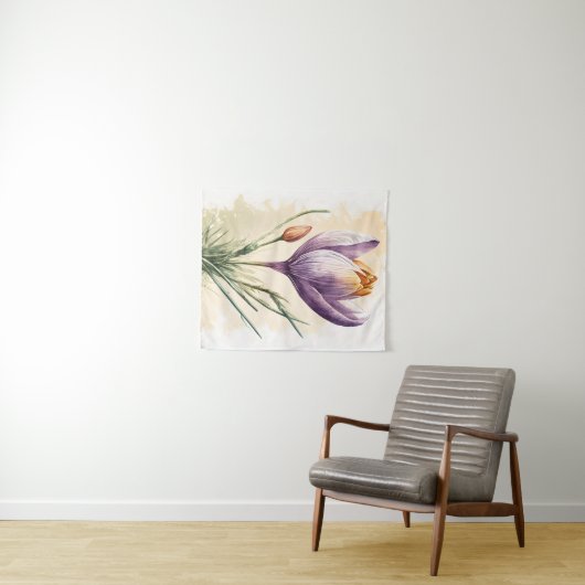 パープルクロッカスフラワーフローラウォーターカラーウォールアート タペストリー (インサイチュ(横))
