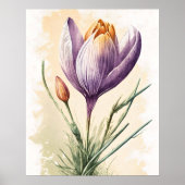 パープルクロッカスフラワーフローラウォーターカラーウォールアート ポスター (正面)