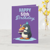 パープルクール&ホワイトペンギン夫60誕生日 カード (黄色い花)