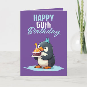 パープルクール&ホワイトペンギン夫60誕生日 カード