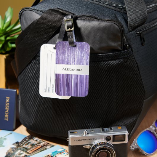 パープルグガーリーラムグリティージーティンセルストライプズ ラゲッジタグ (正面&裏面)